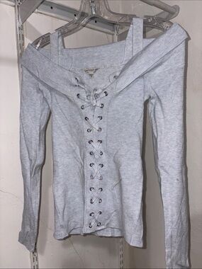 Guess Light Blue Off-Shoulder Lace-Up Ribbed Long Sleeve Top